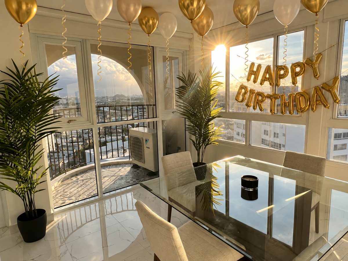 Balloon garland in the Casa Monteflores living room