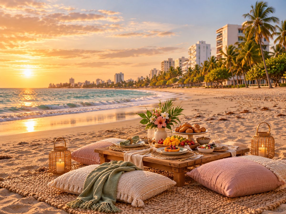 Picnic set up on a beach near San Juan